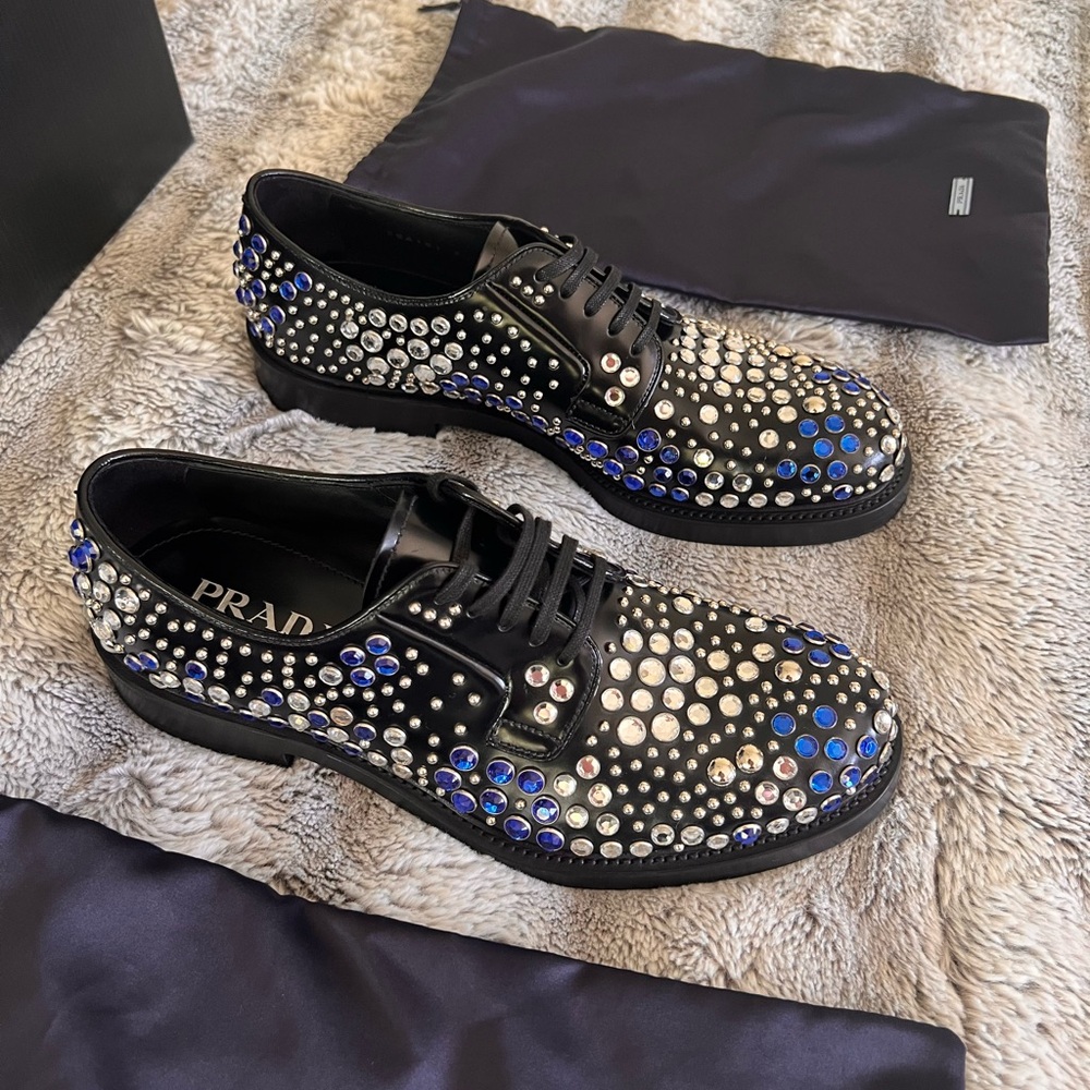 Prada “Spazzolato” rhinestones and stubs Derby leather shoes
